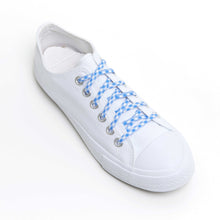 white converse with blue checker shoelaces