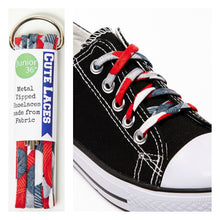 red and grey pattern on shoe laces with knit yarn