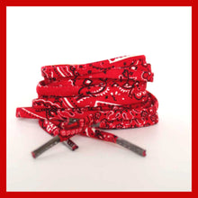 blue up of red bandana shoestring with metal tips