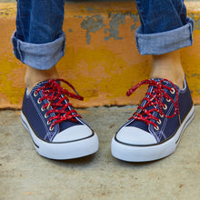 red bandana replacement shoelaces on navy converse low tops