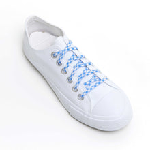 white converse with blue checker shoelaces 